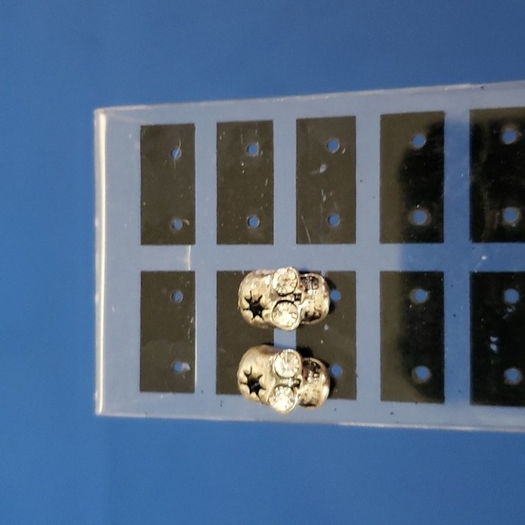 Skeleton skull earrings, rhinestone eyes, silver post back earrings, costume - Picture 2 of 5